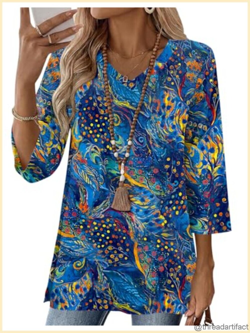 Cotton Linen Tunic Top Swing Flare V Neck 3/4 Sleeve Womens Blouse